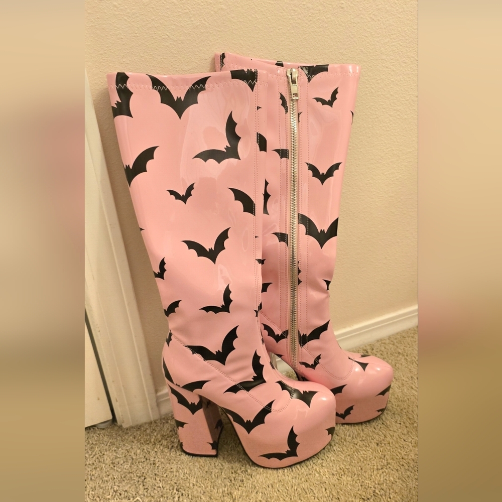 Trickz N Treatz Platform Pink And Black Bat Heels Boots